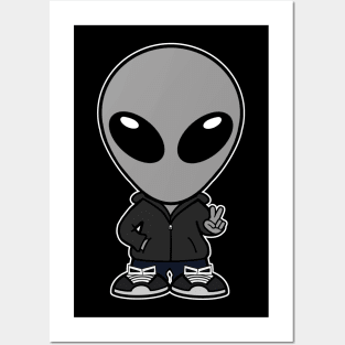 Space Alien Extraterrestrial Peace Hand Sign (Gray) Posters and Art
